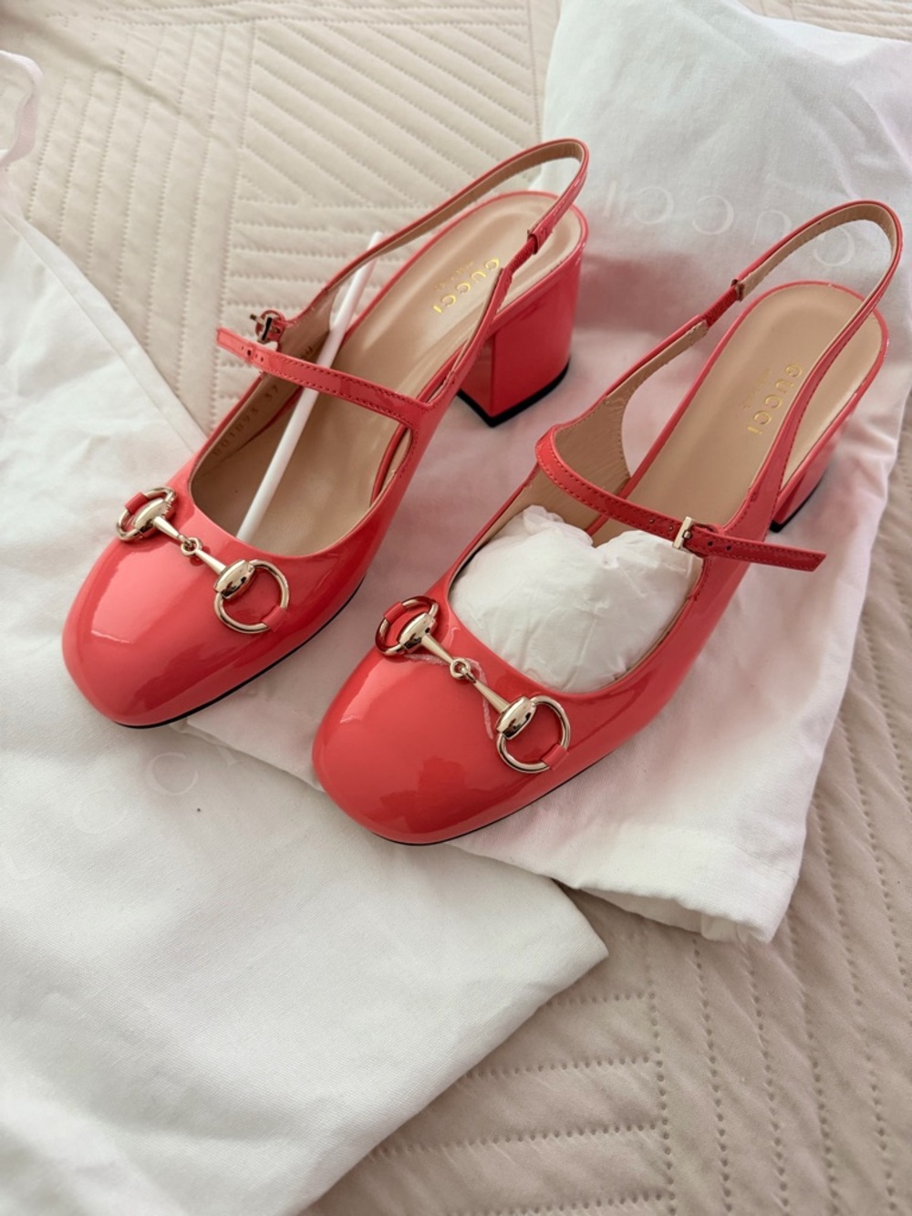 Gucci Coral Patent Leather Mary Jane Block Heel Pumps